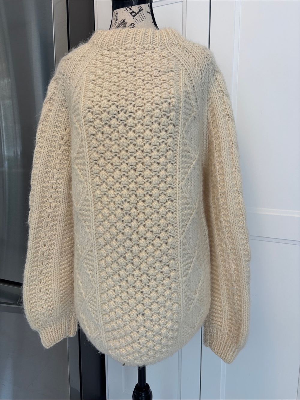 Vintage Cream Greek Textured Cable-Knit Crewneck Sweater